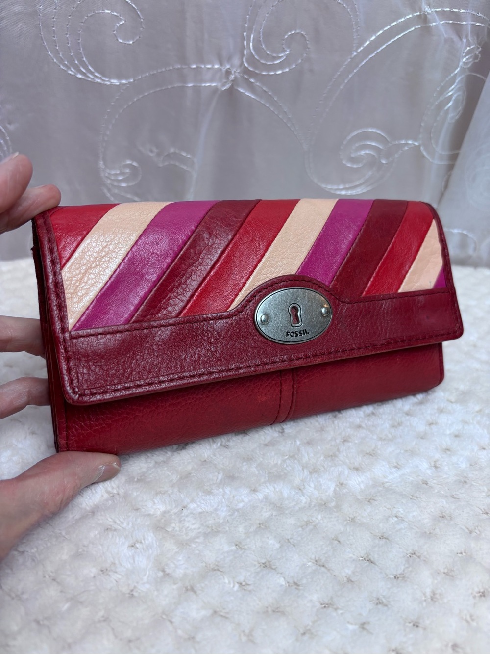 Fossil “Marlow” Red, Pink & Cream Leather Wallet Clutch
